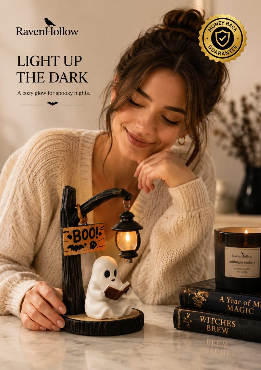 RavenHollow™ Ghost Reading Lantern – Halloween Resin Table Decor with LED Light