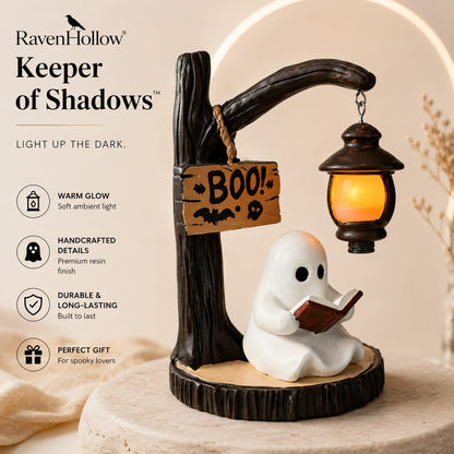 RavenHollow™ Ghost Reading Lantern – Halloween Resin Table Decor with LED Light