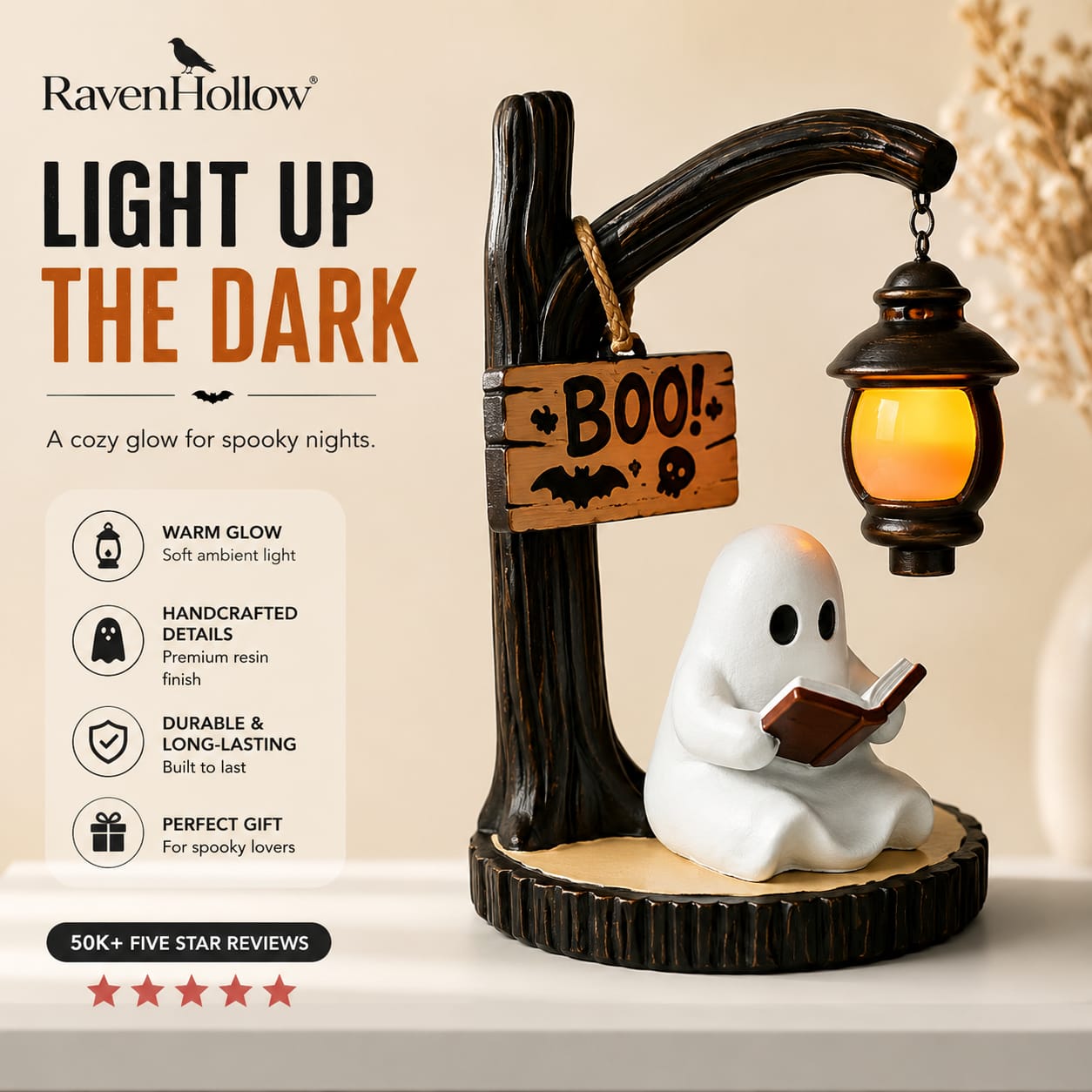 RavenHollow™ Ghost Reading Lantern – Halloween Resin Table Decor with LED Light