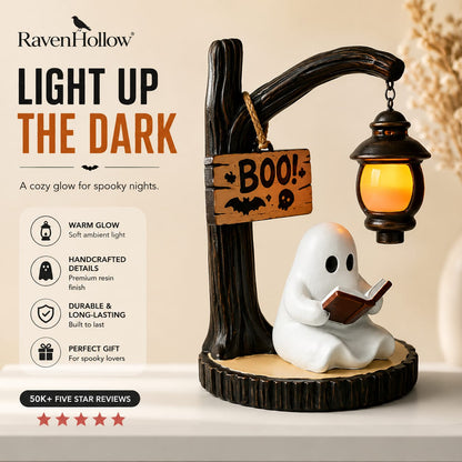 RavenHollow™ Ghost Reading Lantern – Halloween Resin Table Decor with LED Light