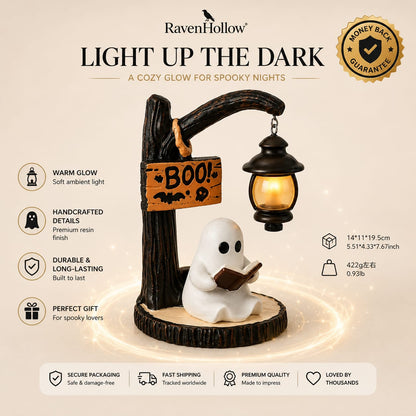 RavenHollow™ Ghost Reading Lantern – Halloween Resin Table Decor with LED Light