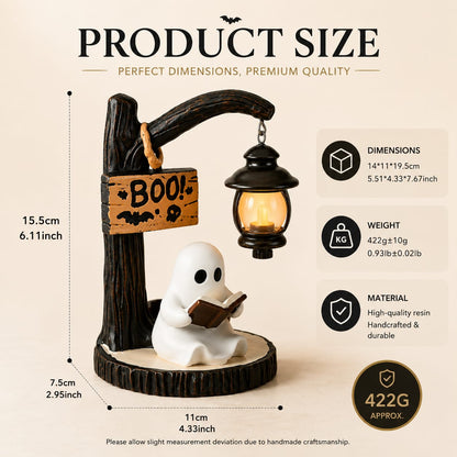 RavenHollow™ Ghost Reading Lantern – Halloween Resin Table Decor with LED Light
