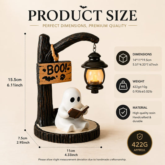 RavenHollow™ Ghost Reading Lantern – Halloween Resin Table Decor with LED Light